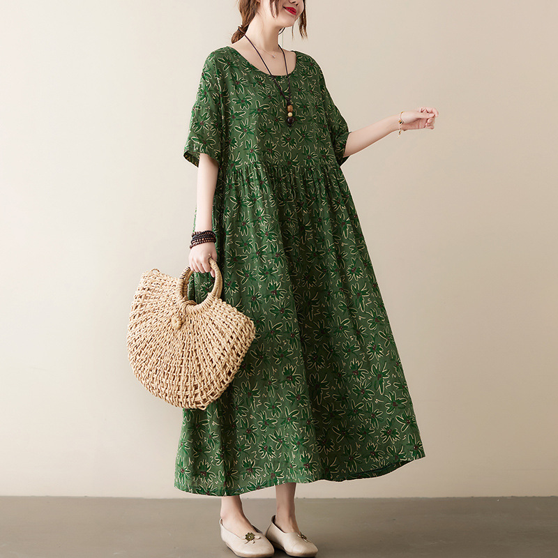 Loose Slimming Fat Girl Plus Size Large Size Printed Large Swing Dress Casual Artistic Short-Sleeved Dress for Women Summer