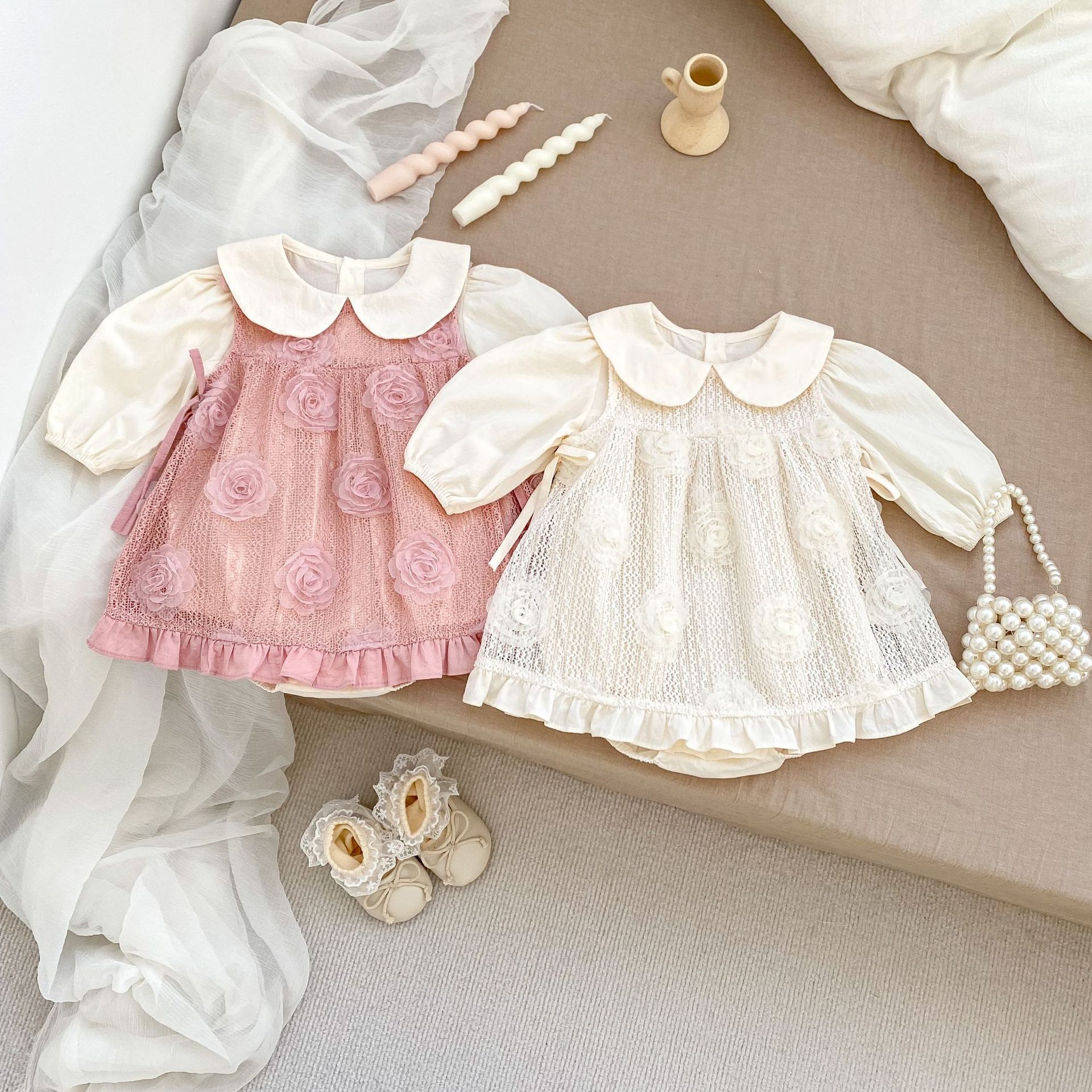 Autumn Sweet Baby Girl Detachable Flower Mesh Group Flying Sleeve Bag Fat Clothes Climbing Clothes Baby Girl Crewneck jumpsuit