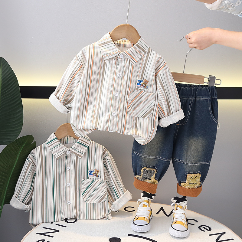 New Spring and Autumn vertical stripe bear logo shirt long sleeve suit boys spring fashion casual two-piece set factory straight