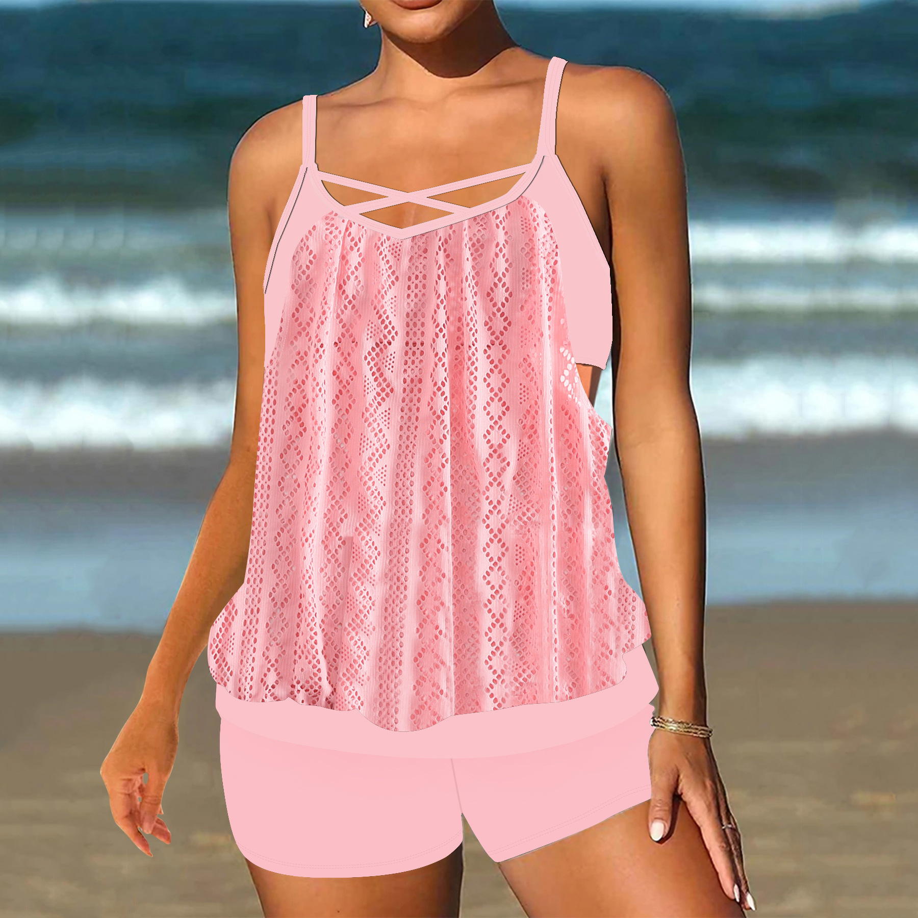 2025 New European and American Swimwear Women's Sexy Printed Strap Split Corner plus size Bikini Foreign Trade