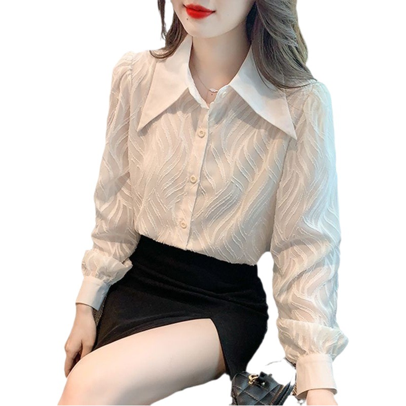 Black Chiffon Shirt for Women, Spring and Autumn 2024, Polo Collar, Niche Retro French Long-Sleeve Top, Chanel Style