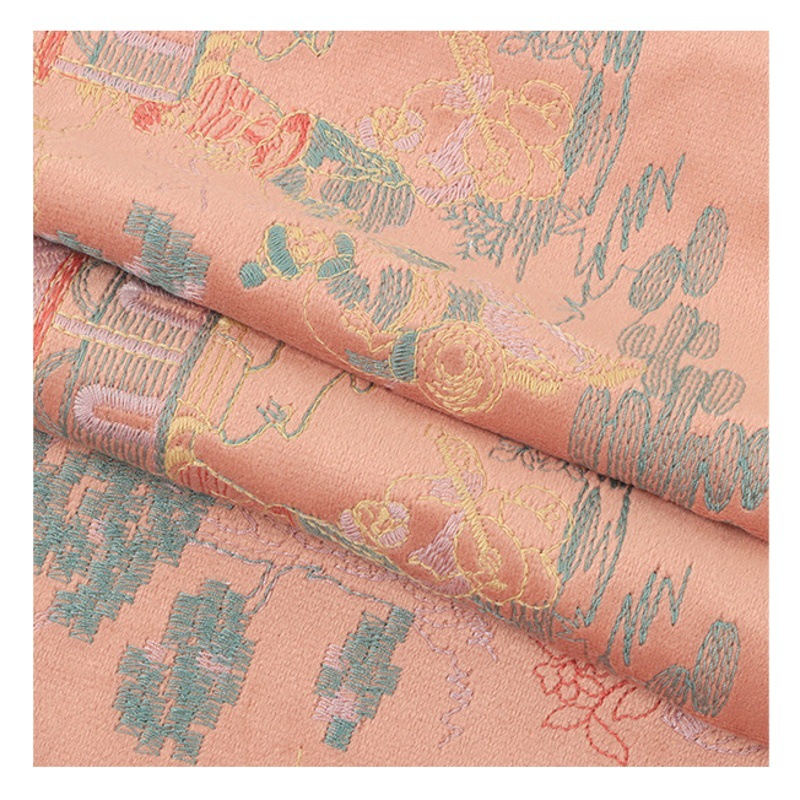 Manufacturer in stock new Chinese style velvet embroidery Orchid Pavilion Preface ancient style embroidered fabric