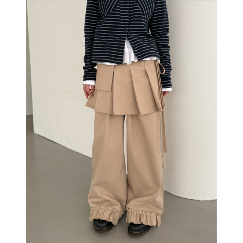 Additional New Color ~ Three-color South Korea Ins Spring and Summer Detachable Two-piece Set Pleated Pocket Short Skirt Lace Trousers Solid Color