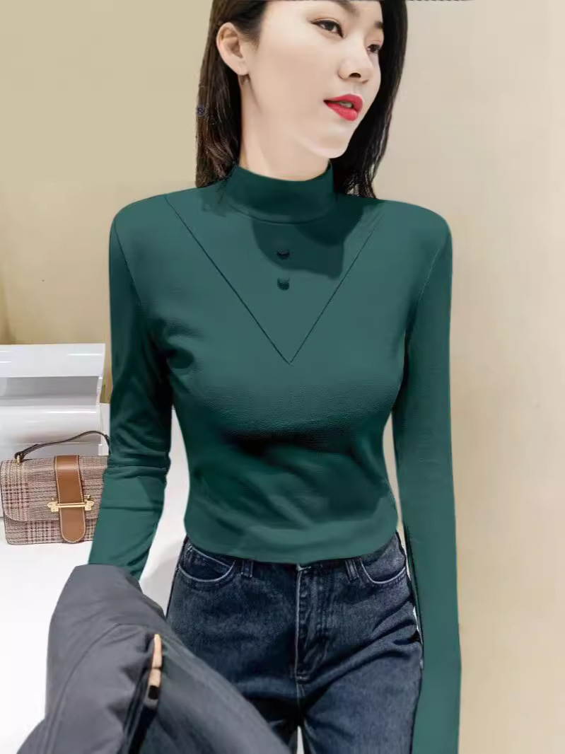 Picture of 1*1 Threaded Double-sided Velvet New Half-high Collar Women's Long-sleeved Top Autumn and Winter Slim-fit Inner Brushed Warm Shirt