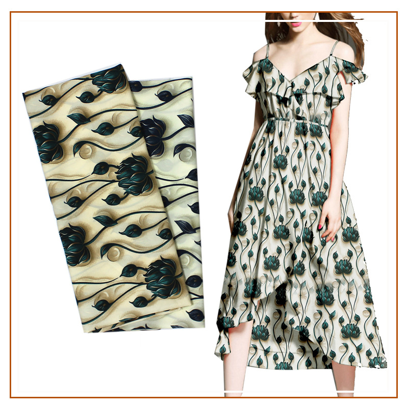 Plain Satin Printed Fabric Long Skirt dress Slip Skirt Shirt Top Fabric Lotus 3D Pattern Cloth