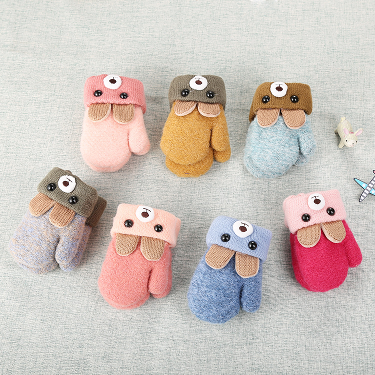 Picture of 0-3 years old cute ears bear cartoon children's gloves winter knitted wool double plus velvet padded warm