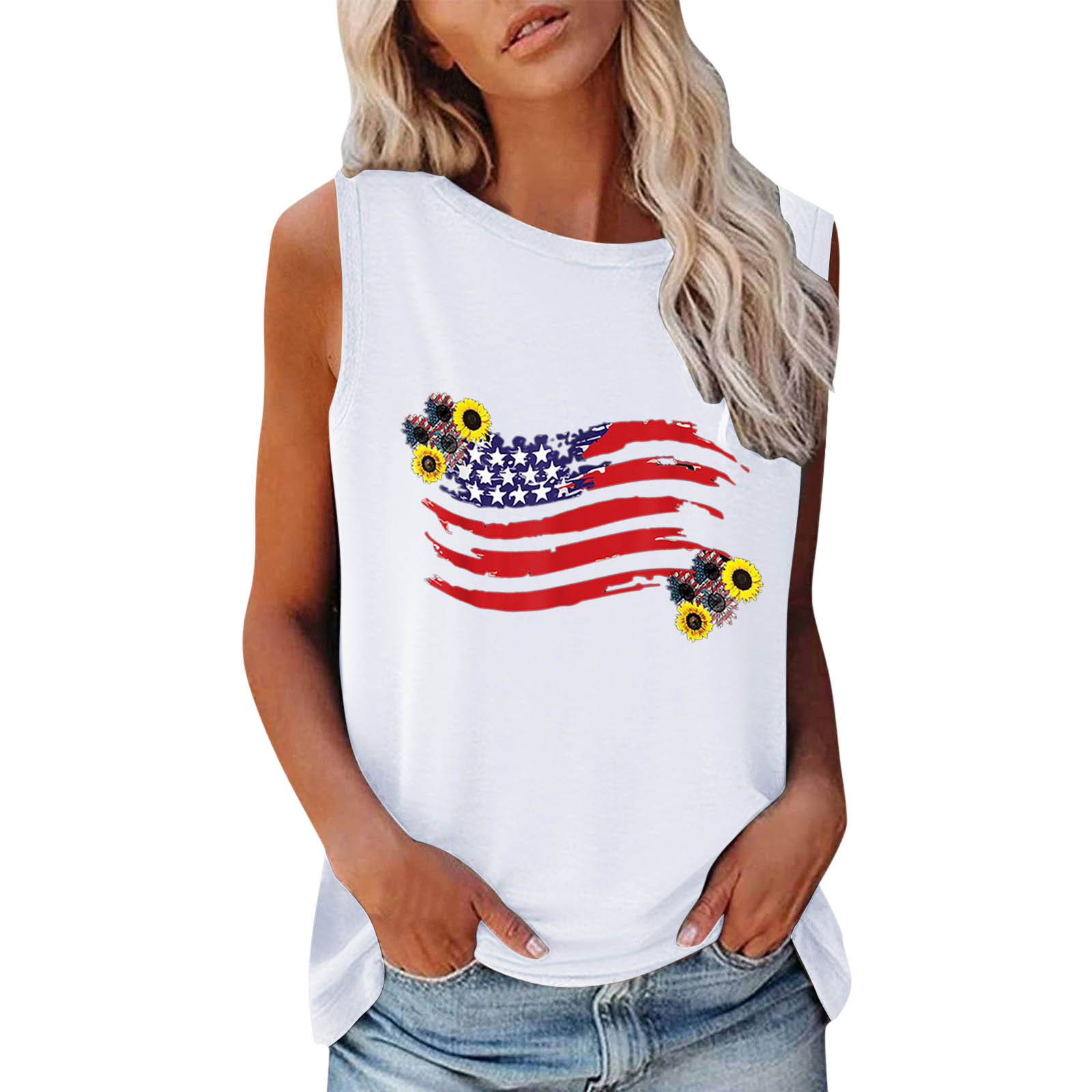 2022 Independence Day AliExpress Cross-border New love Flag Printed Loose Round Neck Sleeveless T-shirt