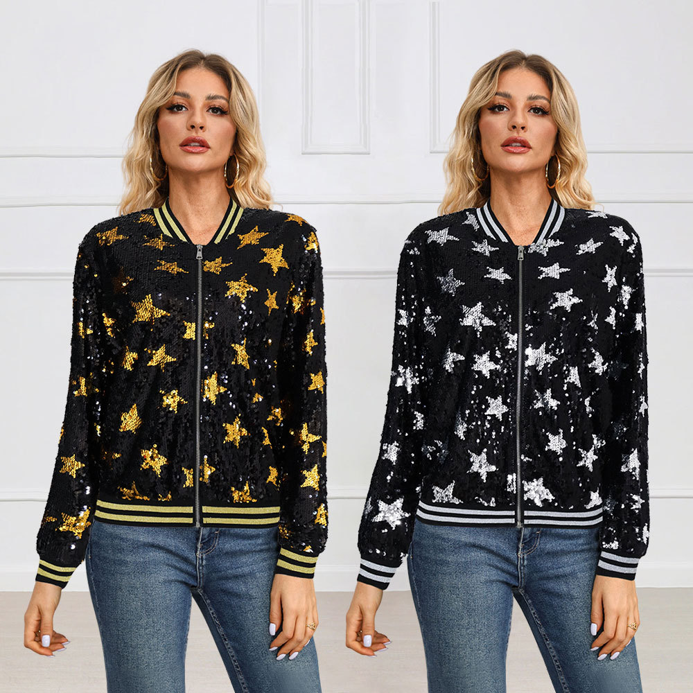 10392 Cross-border European and American Women's Coat Autumn and Winter Sequins Decorative Star silver Embellished Zipper Coat