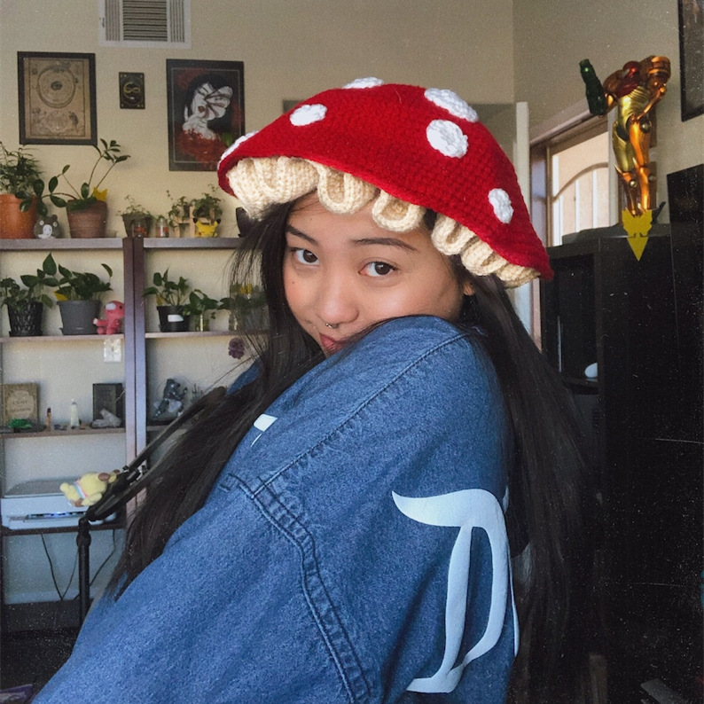 Picture of Mushroom hat autumn and winter crochet wool hat female look small face knitted fisherman hat Mori fairy tale cute warm basin hat