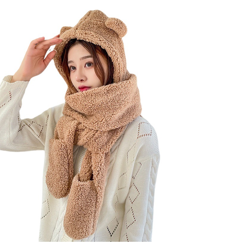 Picture of Winter Warm and Thickeneded Cotton Plush Rabbit Ears Animal Hat Gloves Scarf Bear Three-Piece Hat Factory Ear Protection