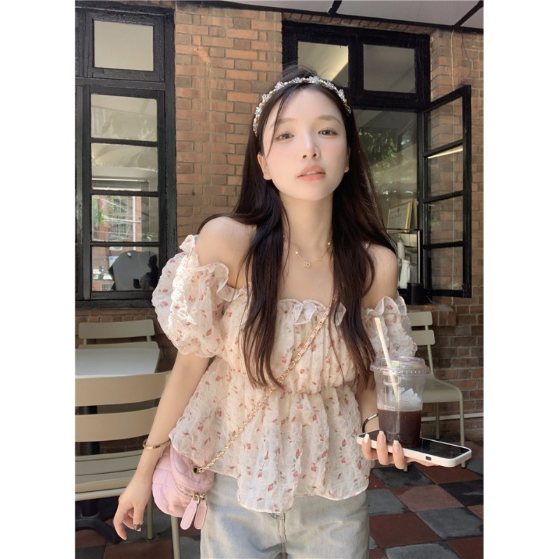 Real Price One-Shoulder Floral Chiffon Shirt for Women Summer French Design Niche Chic Super Fairy Sweet Short Top