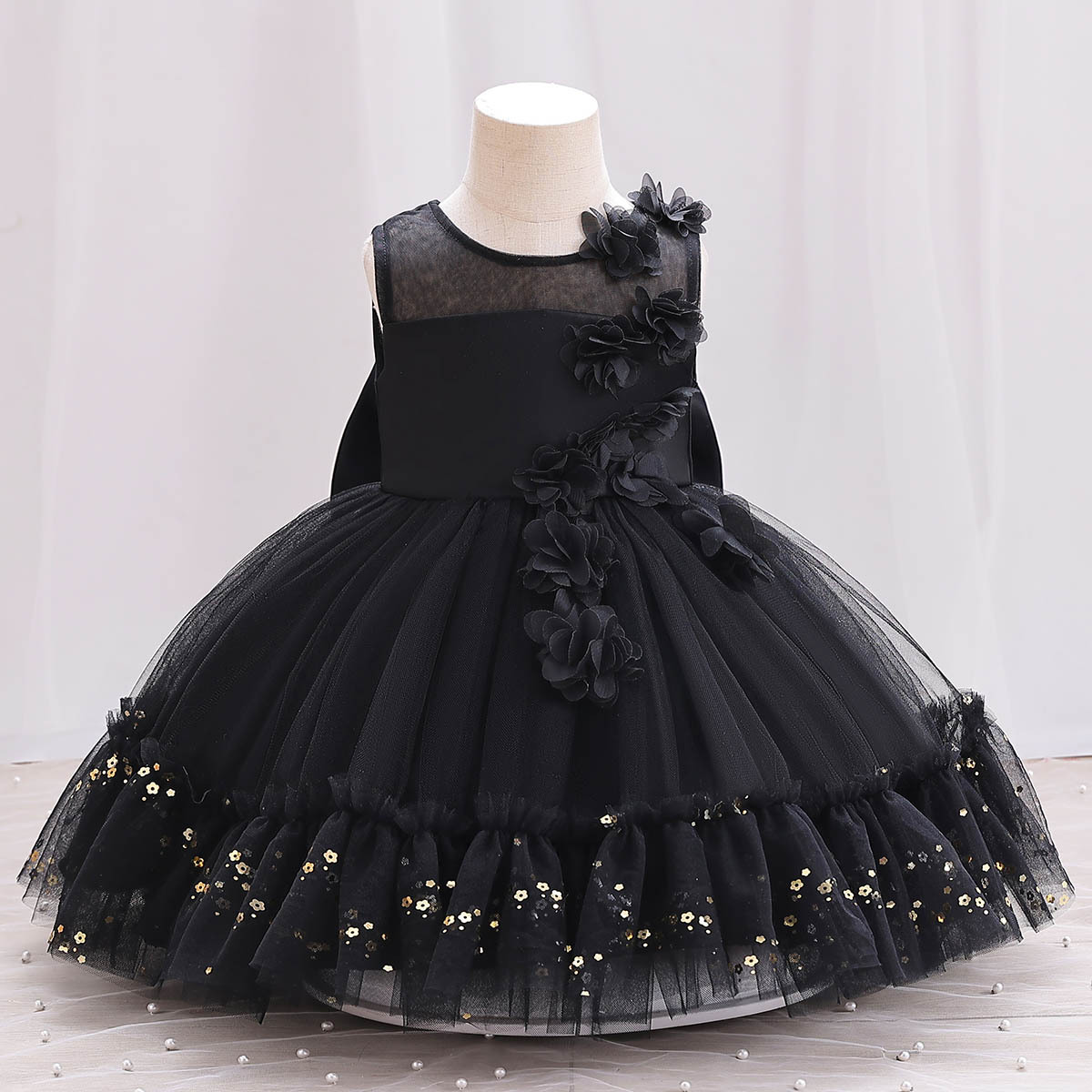 New Children Flower Stitching Princess Solid Color Performance Dress Birthday Dinner Big Bow dress Wholesale