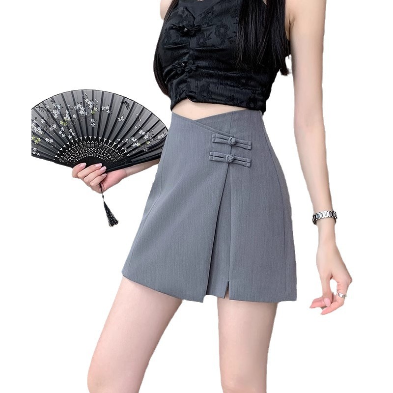 Picture of Grey A- line Short Skirt Women's Spring and Summer New Chinese Style Irregular Buckle Skirt Small Split Suit Culottes