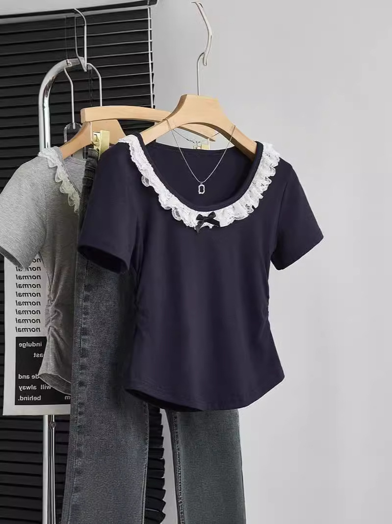 New Sweet Spice Girl Pure Desire Summer Pleated Lace Slim-fit Short-sleeve T-shirt Women's Slimming U-neck Short Top