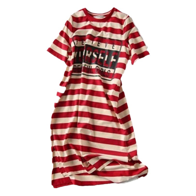2023 Summer Loose Slimming Striped Printed T-shirt Dress Women's Clothing Korean-style Mid-length Fairy Dress for Students
