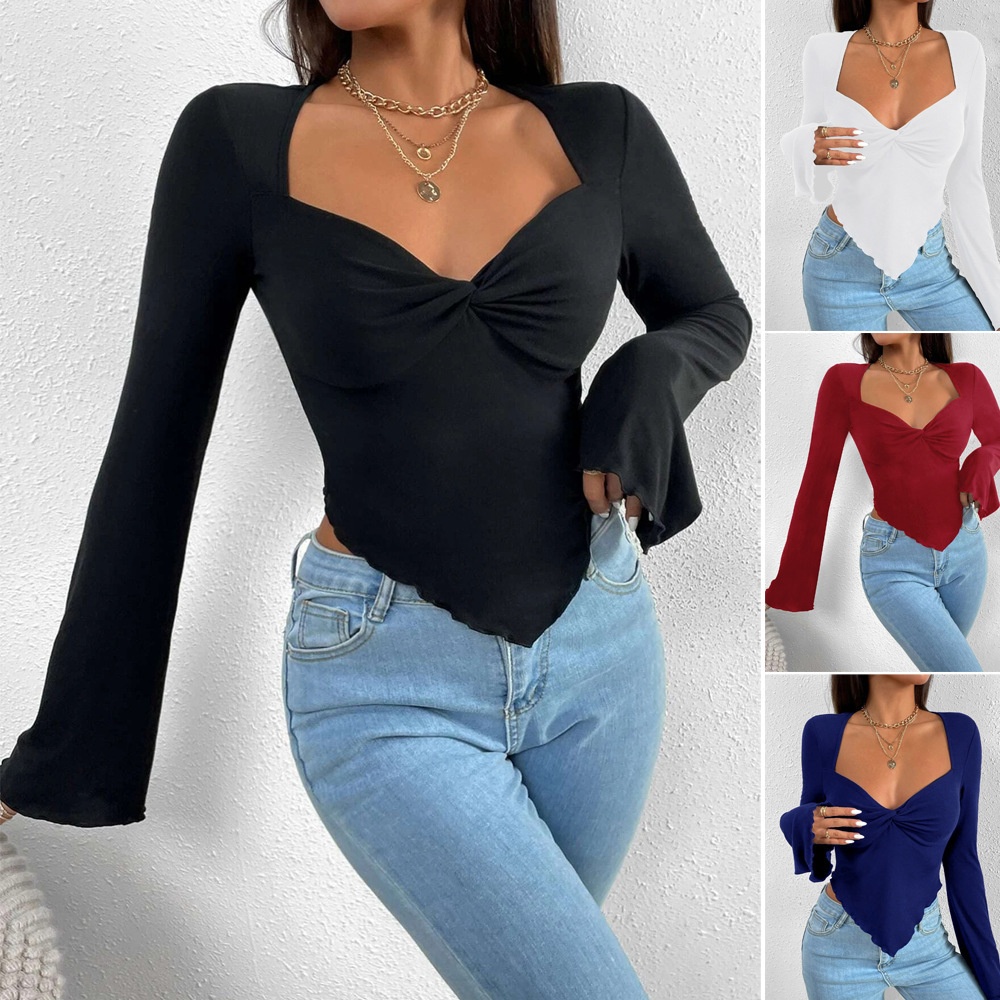 2024 European and American Foreign Trade Women's T-shirt Vacation V-neck Horn Sleeve Waist Irregular Knitted Long Sleeve T-shirt