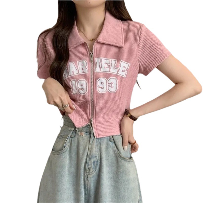 Sweet and Spicy Style Polo Collar Short-sleeved T-shirt Women's Summer New Letter Printed Design Sense Double Zipper Short All-match Top