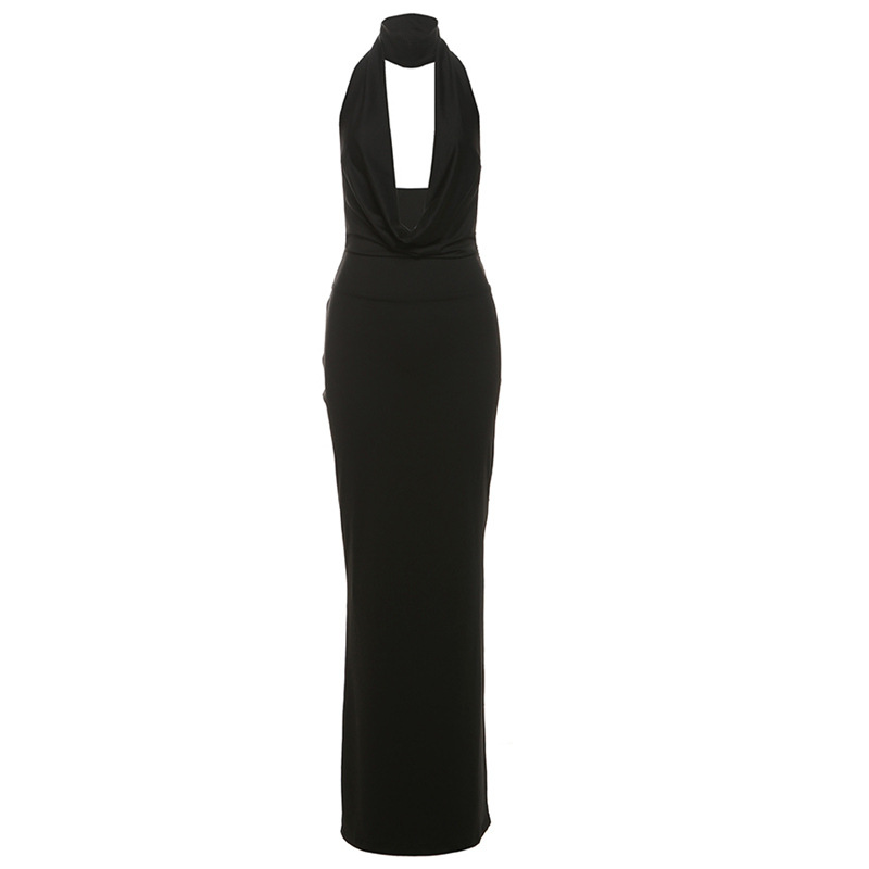 Picture of Europe and the United States wholesale women's 2024 autumn and winter new temperament sexy neck V-neck backless side split dress dress