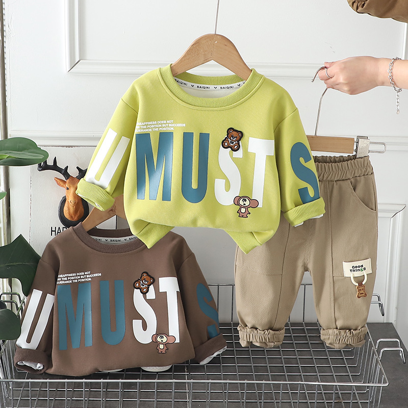 Boys' 2025 New Spring Clothes suit Western Style Children's Fashionable Baby Spring and Autumn Bear Letter Long Sleeve Clothes suit