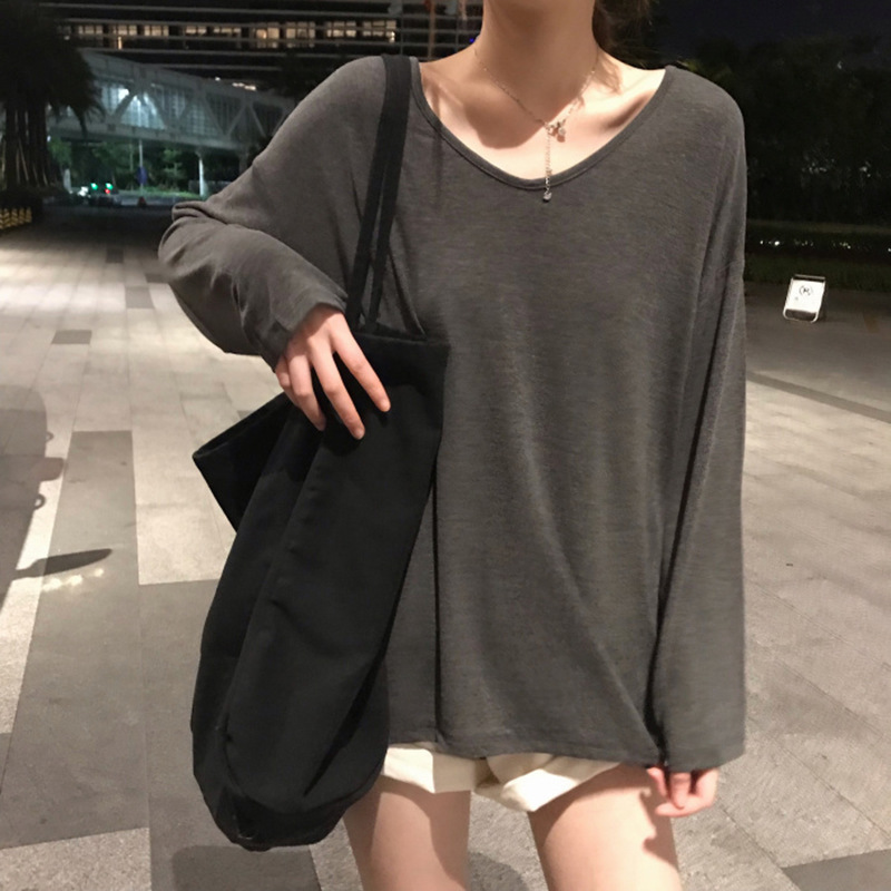 Solid Color V Neck Long-Sleeved T-Shirt for Women 2025 Autum New Women's Autum Clothing Outer Wear Loose Student Early Autum Top Ins