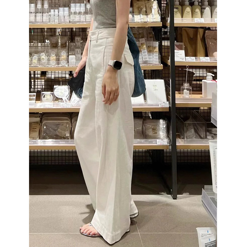 2024 Early Spring New Style White Cotton and Linen Wide-leg Pants for Small Men High Waist Dosing Slimming Straight Casual Pants Women's Clothing