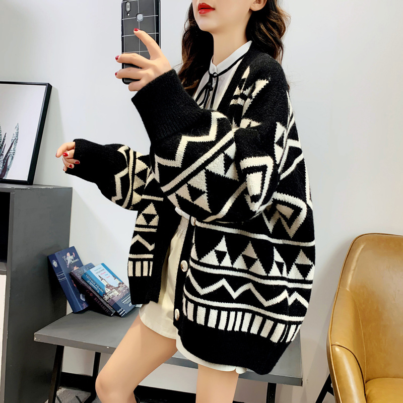 Trendy Geometric Diamond Knit Cardigan for Women, 2025 Autumn and Winter Thickened, Loose-Fitting, Mid-Length Sweater Coat for Outerwear