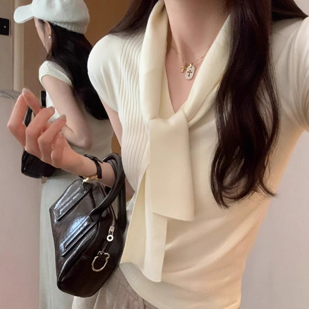 2025 Korean French Lace-Up Sleeveless Knitwear for Women Spring and Summer New Elegant Collar Inner Bottoming Vest Top