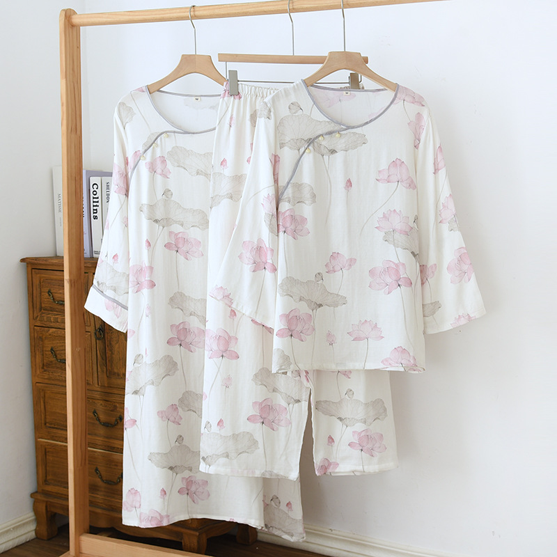 Bamboo fiber national style lotus pond Moonlight pajamas women's spring and autumn sweet style home wear fresh casual home wear plus size