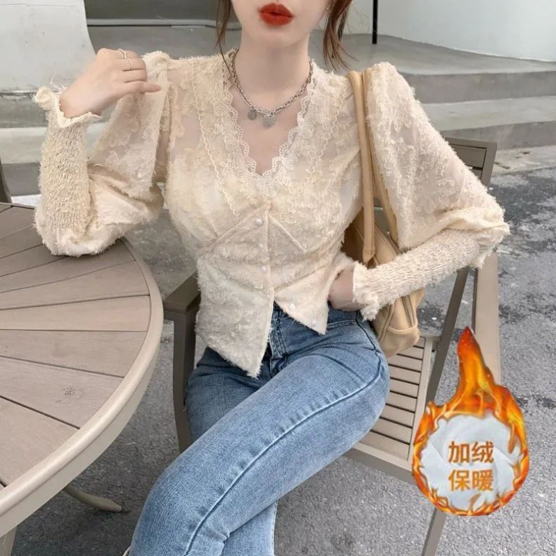 Picture of Design Sense Niche apricot Shirt Collar Inner fleece-lined Lace Base Shirt Short Celebrity Ladies Chanel Style Top Women