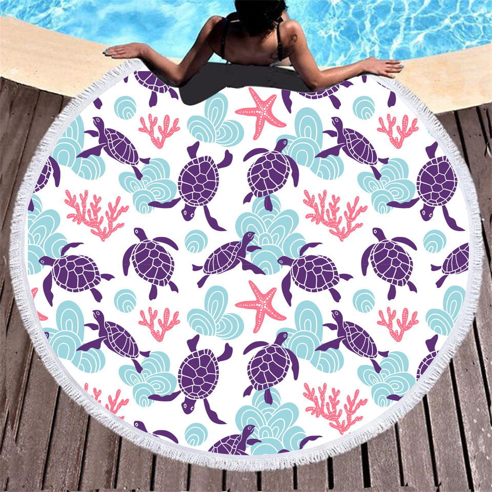Deep sea painted turtle digital printing microfiber round beach towel with tassel wholesale to map custom