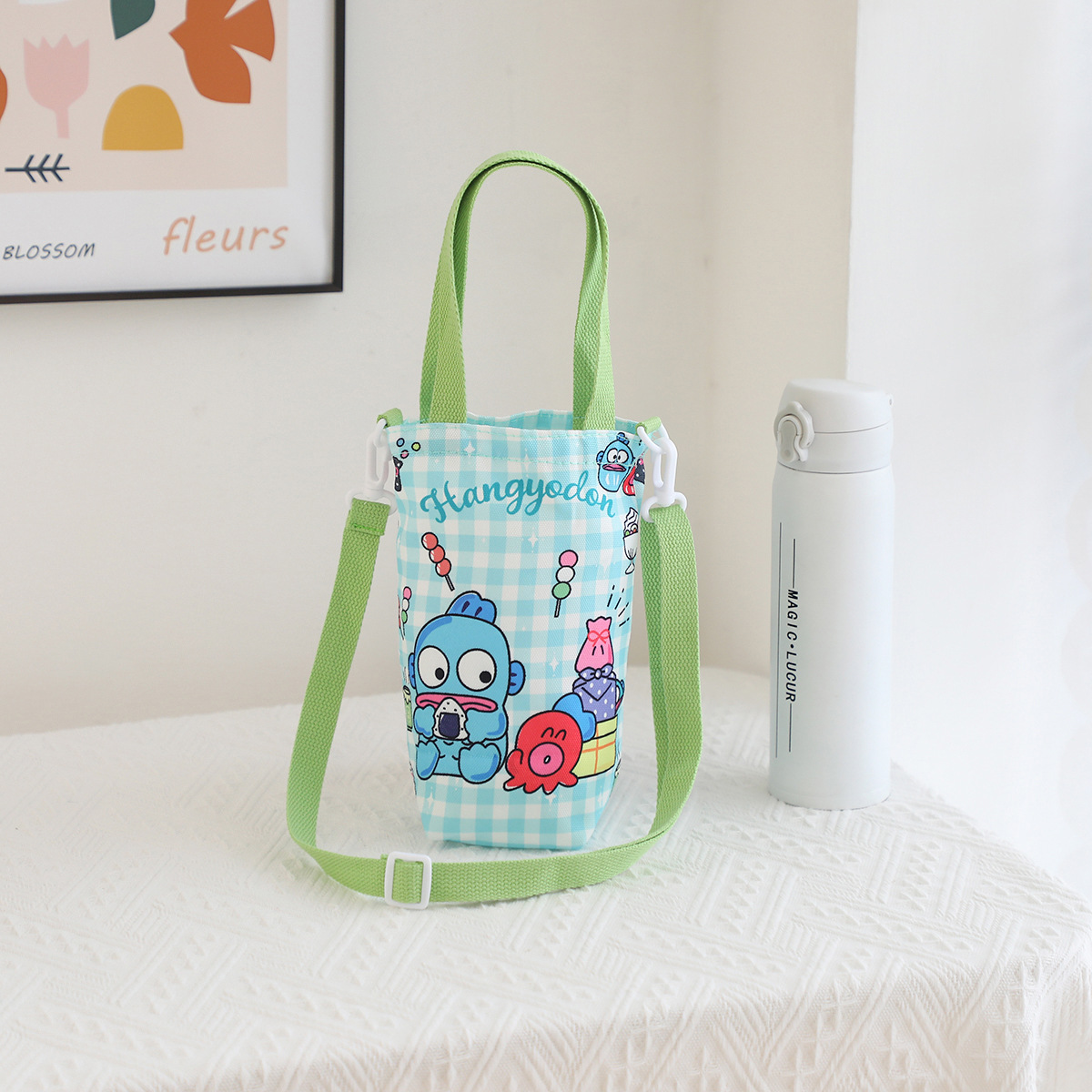 Picture of Japanese Style Cartoon Cute Canvas Water Cup Bag Crossbody Portable Dual-purpose Water Kettle Bag Outgoing Small Cloth Bag Handbag