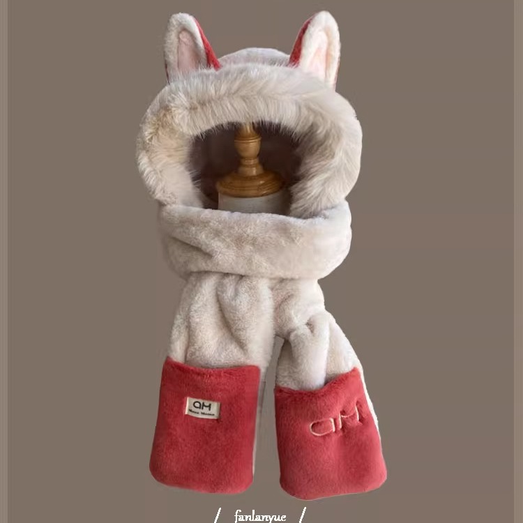 Picture of Winter plush hat scarf gloves one female rabbit autumn and winter three-piece cute thick scarf warm windproof