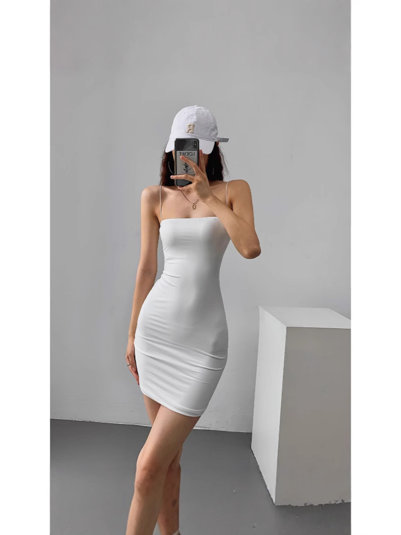 2025 Summer European and American Solid Color Tight Low-Cut Double-Layer Strap Dress Stretchy Sexy Slim Fit Bodycon Short Dress for Women
