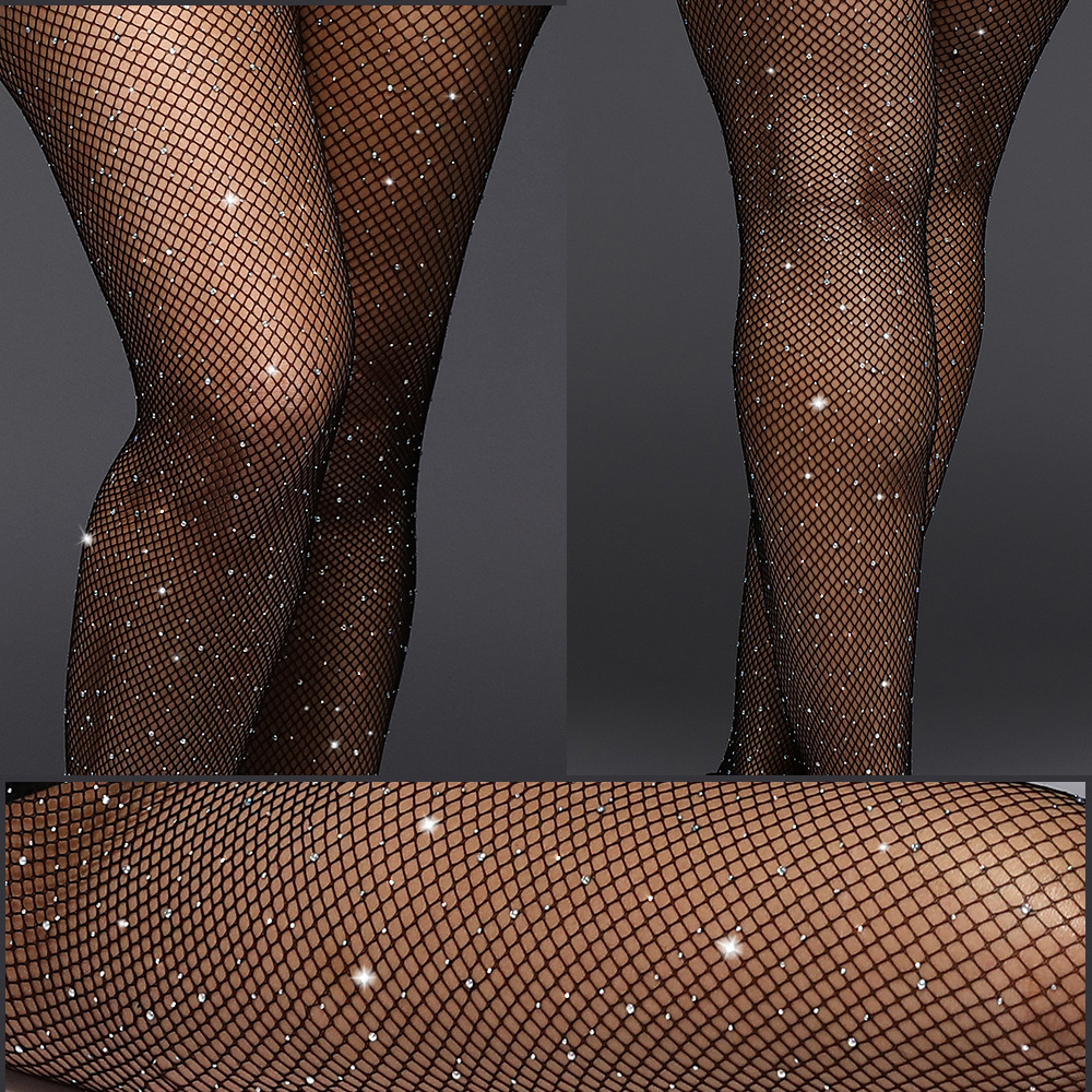 Picture of European and American Thin Sexy Mesh Hot Diamond Pantyhose Sexy Sexy Fishnet Stockings Cut Out Stockings Women's White Diamond Stockings Full of Rhinestones