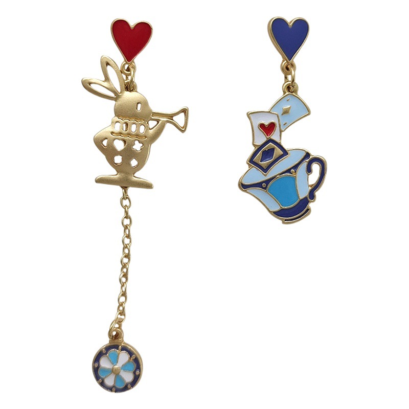 Self-designed S925 silver needle creative contrast color love earrings cartoon bunny asymmetric earrings female H5706