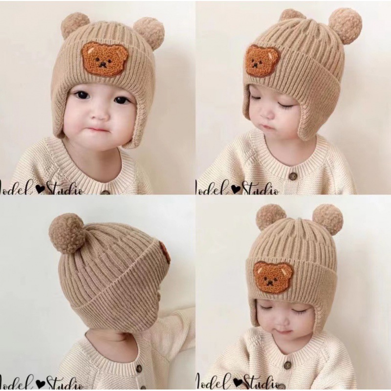 Baby wool hat cute bear earmuffs children's winter thickened warm knitted hat Korean style infant hat