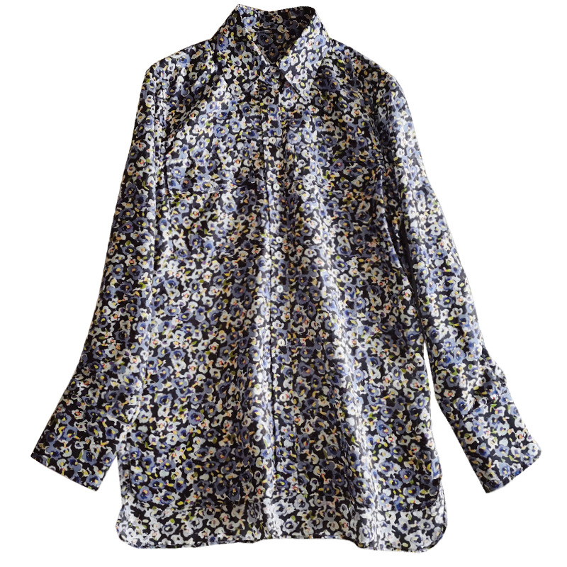 Picture of Clearance Casual Simple Blue and Purple Floral Silk Cotton Shirt Women's Double Pocket Lapel Buckle Long Sleeve Mid-length Shirt