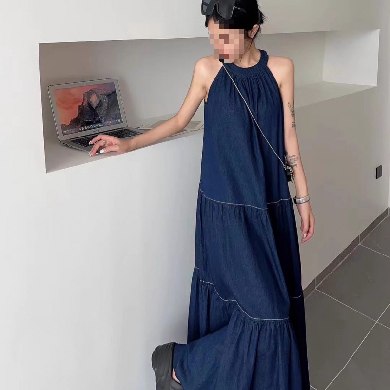 Korean Style 2025 Summer New Arrival Neck Sling Denim dress Women's Holiday Travel French Loose Cake Long Dress