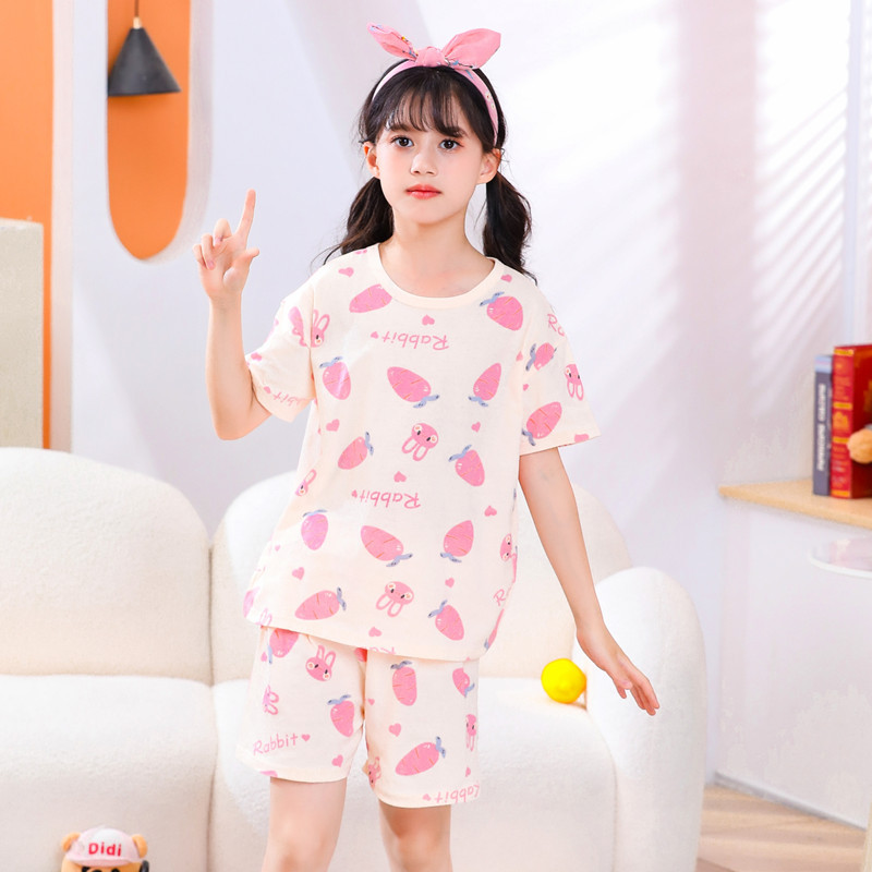 Picture of 2024 New Kidsren's Summer Short-Sleeved Suit Home Clothes Pajamas Pure Cotton Thin Air-Conditioned Clothes Princess Girls Baby