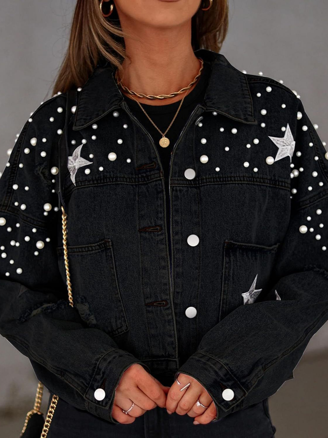 Picture of Cross Border Amazon Women's Short Pearl Beaded Denim Jacket Ripped Star Embroidered New Denim Jacket Coat