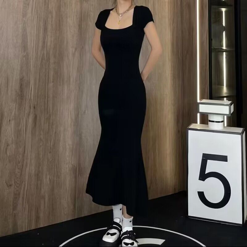 Square collar black long dress women's summer elegant slim-fit sexy sheath tight waist fishtail small black dress