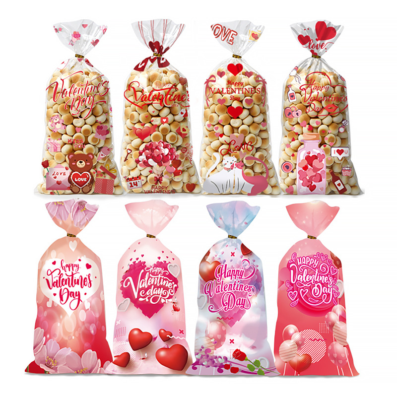 Original four-in-one Valentine's Day candy packaging bag love pattern OPP transparent flat pocket cotton candy packaging