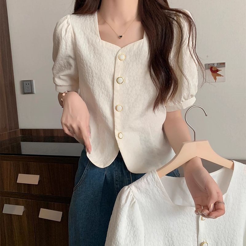 Square Collar Bubble Short-sleeved Chanel Style Chic Summer New Arrival Loose All-match Shirt Women's Shirt Short Top