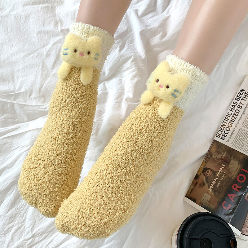 Picture of Cute Coral Fleece Socks Women's Three-dimensional Cartoon Doll Winter fleece-lined Thickened Warm Postpartum Home Sleep Socks