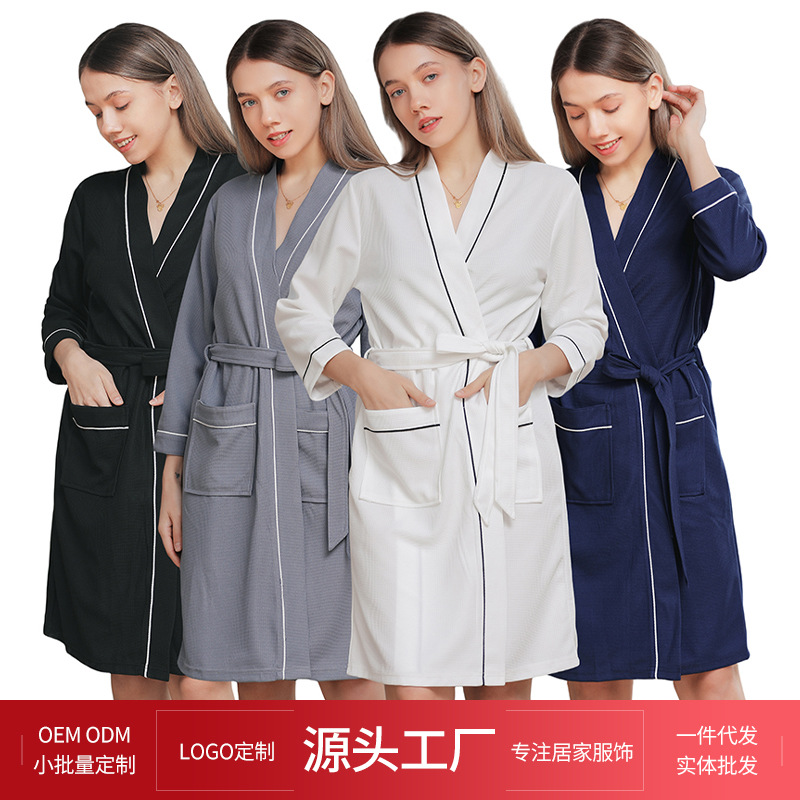2025 new spring and autumn couple waffle bathrobe hotel beauty salon foreign trade cross-border bathrobe women can be customized LOGO