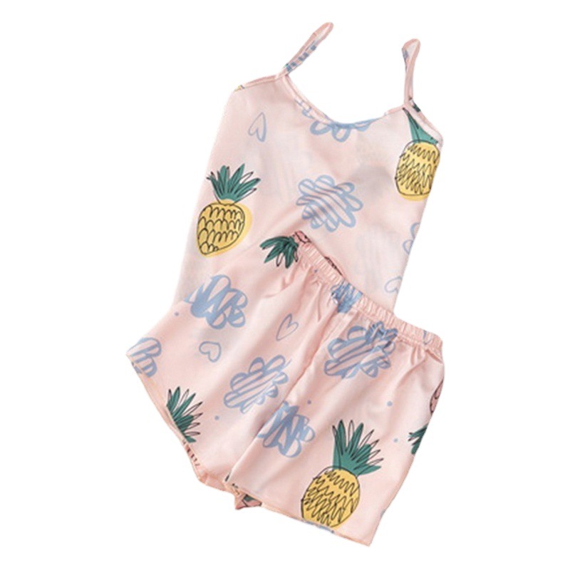 Summer Pajamas Women's Sweet Cute Silk Sexy Sling Shorts Home Clothes Two-Piece Set Ice Silk Home Clothes