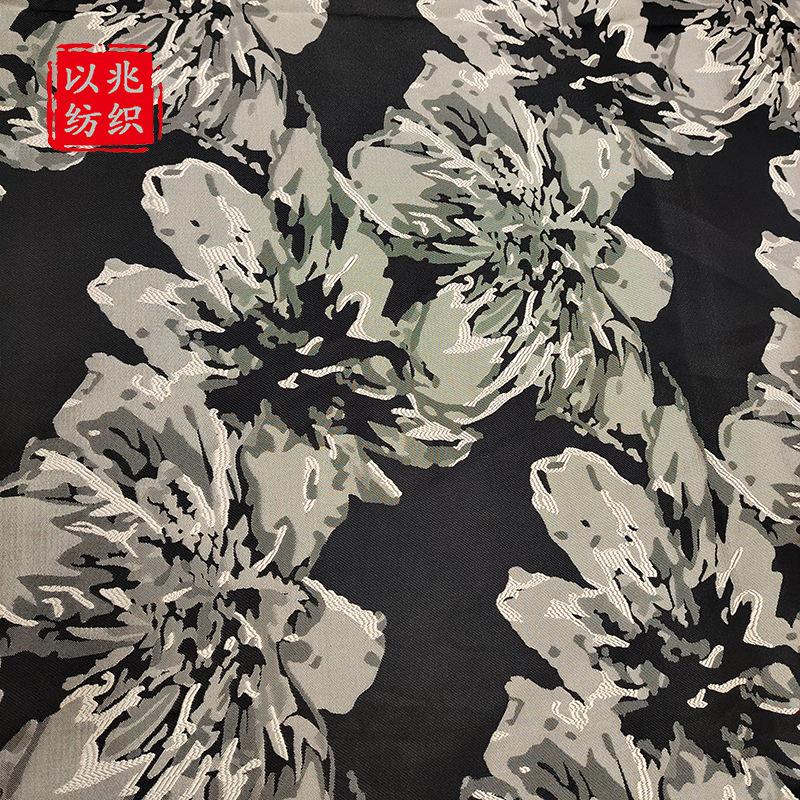 Black and white simple ink painting flower fabric gray black vignetting national style jacquard cloth bag dress fabric