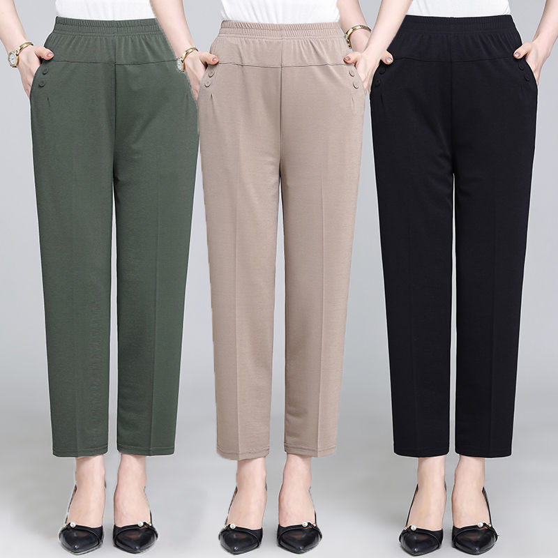 Middle-aged Summer Thin Elastic Waist Straight Outer Wear Base Long Pants High Waist Mom Pants Casual Pants