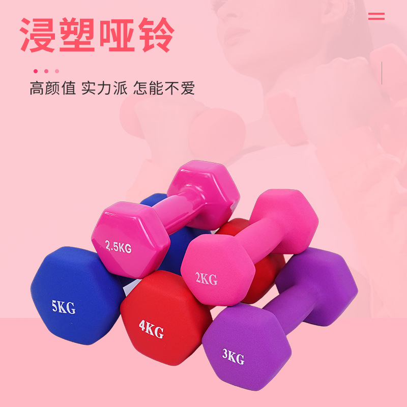 Cross-border wholesale frosted glossy hexagonal dip bell ladies fitness equipment cast iron coated plastic dip dumbbell