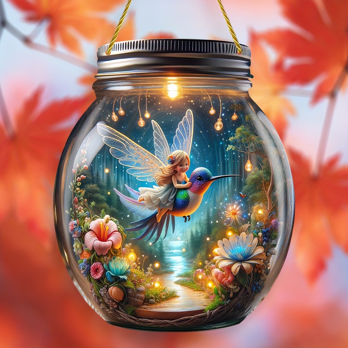 Cross-Border Hummingbird Cute Princess Fairy Mason Jar Window Hanging 2D Acrylic Stained Glass Style Porch Decorative Wall